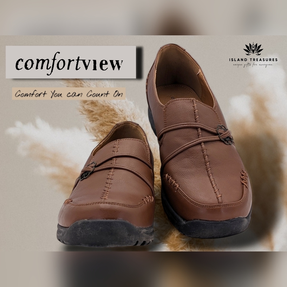 Comfortview Natalia Sz 10M Slip-On Brown Loafer Elastic Gore Skid Resistant Sole